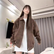 小众棕色工装夹克女翻领外套秋冬季情侣棒球服美式复古潮流设计感