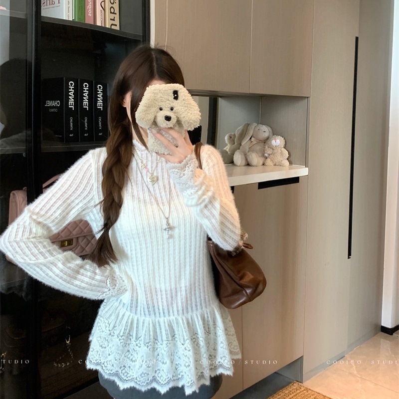 巧克少女杏色坑条蕾丝拼接花边针织衫女秋季弹力宽松休闲长袖上衣|undefined
