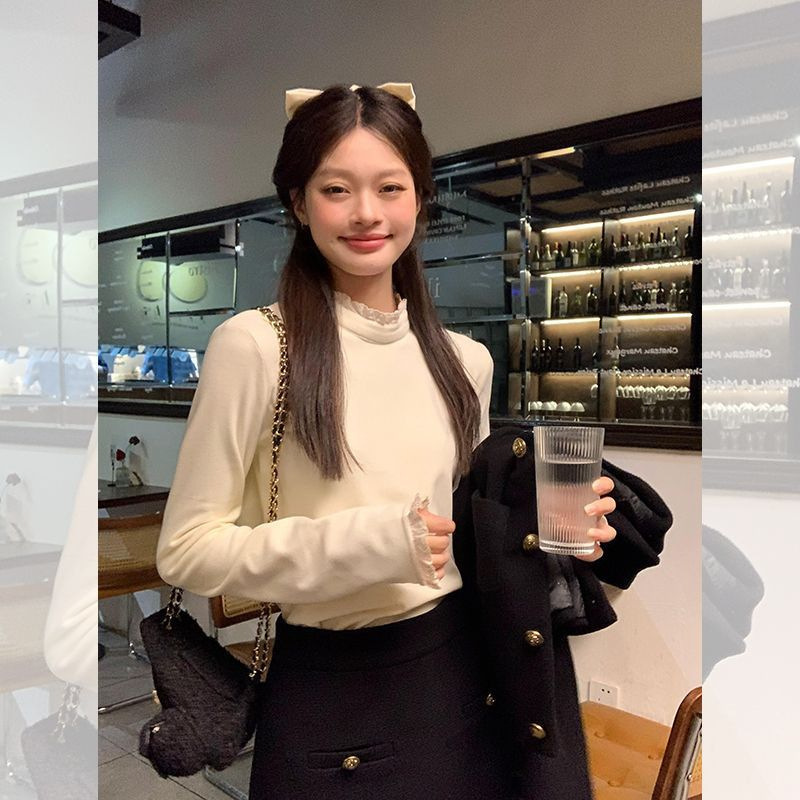 2024 Trendy High-elastic Fashionable and Affordable Half-high Collar Base Shirt Women's Autumn and Winter Lace Slim-fit Long-sleeve Inner T-shirt
