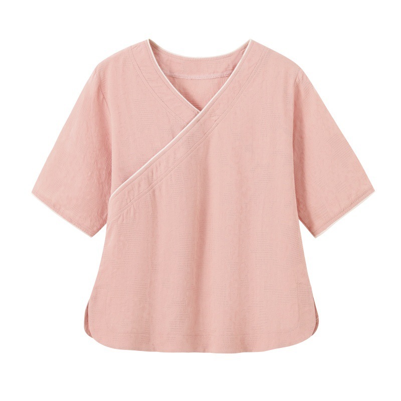 夏の新しい中国風の女性の文学レトロな綿とリネンの V ネック半袖トップカジュアル禅茶服セット|undefined
