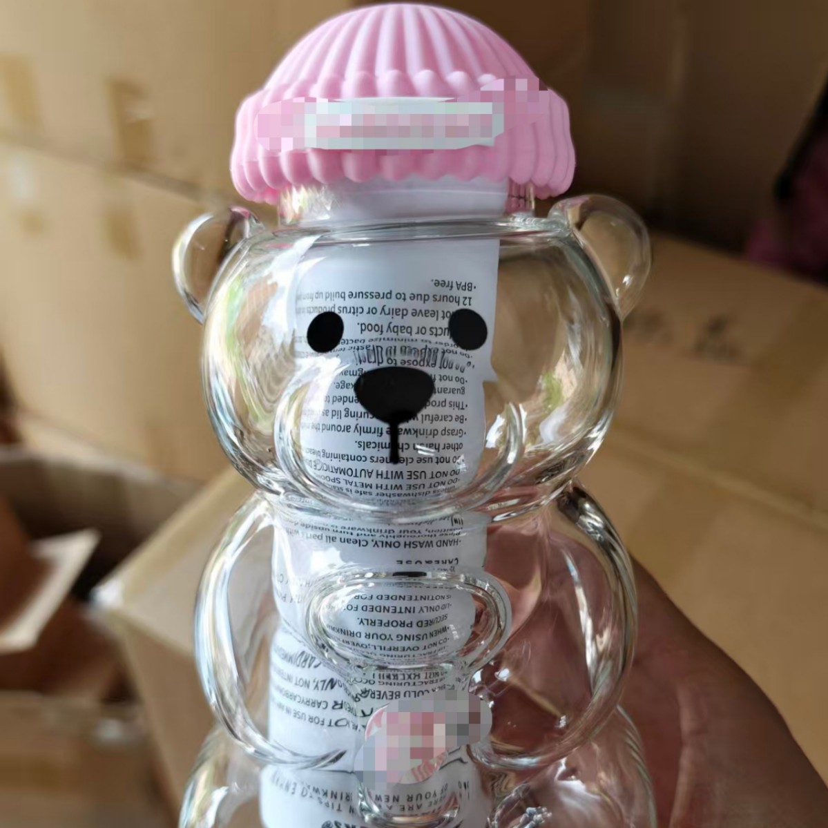 Taza de oso tipo oso con paja 590ml taza de agua creativa de dibujos animados al por mayor de alta borosilicina de vidrio cubierta de hielo