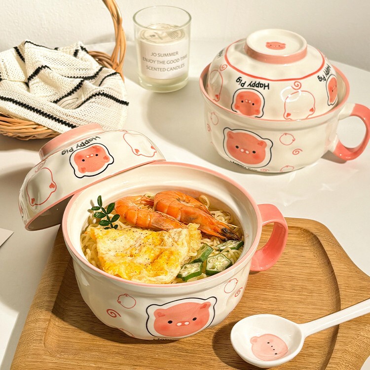 Cute Pig Ceramic Instant Noodle Bowl with Lid, Large Capacity Bowl for Personal Use, Work Dormitory Student Rice Bowl with Handle