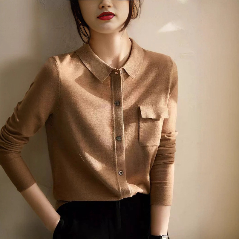 New 2024 Autumn Polo Collar Wool Shirt Knit Cardigan for Women Versatile Commuter Style Long Sleeve Fashion Versatile