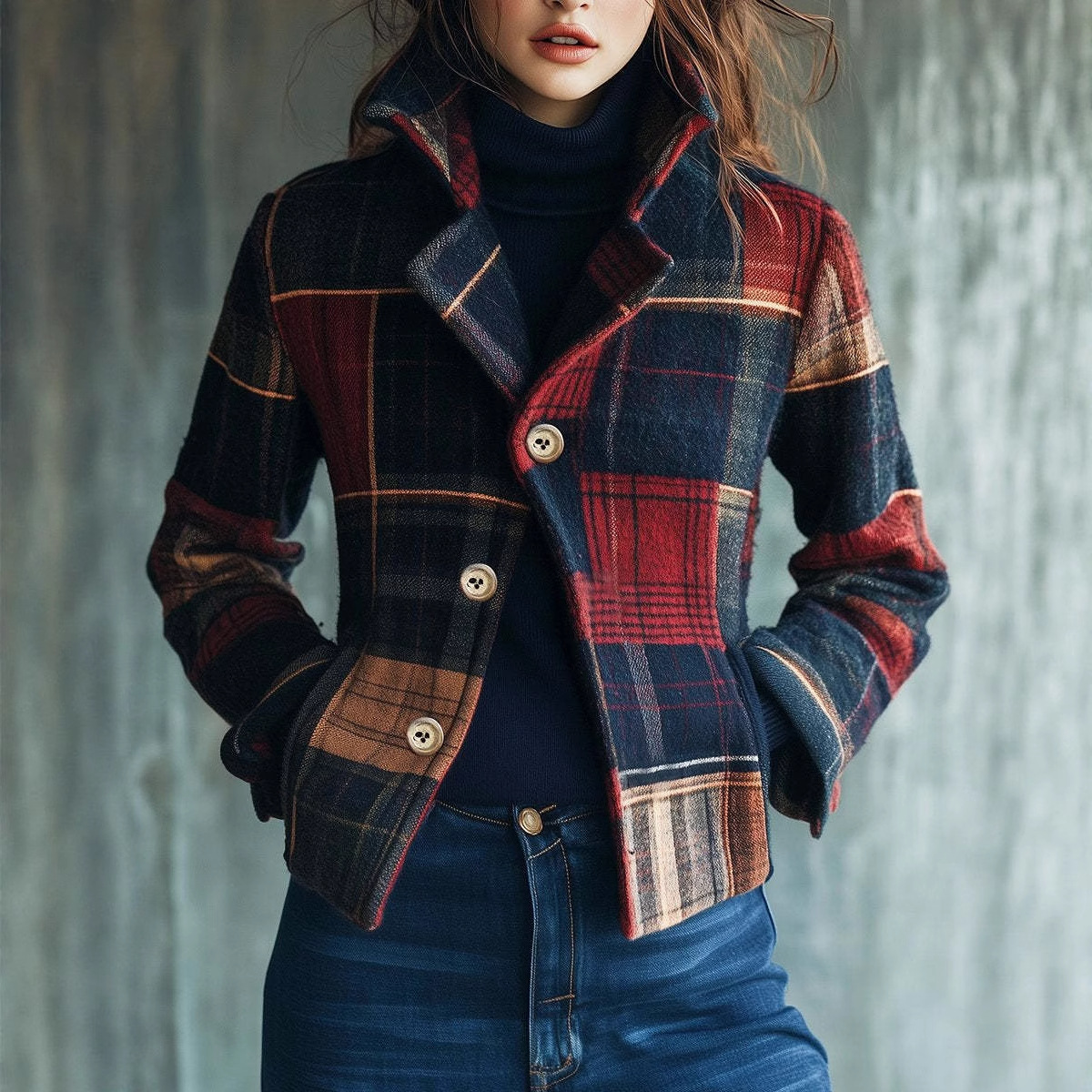 2025 European And American Women's Fashion Independent Station Plaid Retro Warm Autumn Winter Stand Collar Patchwork_ecoleips.com