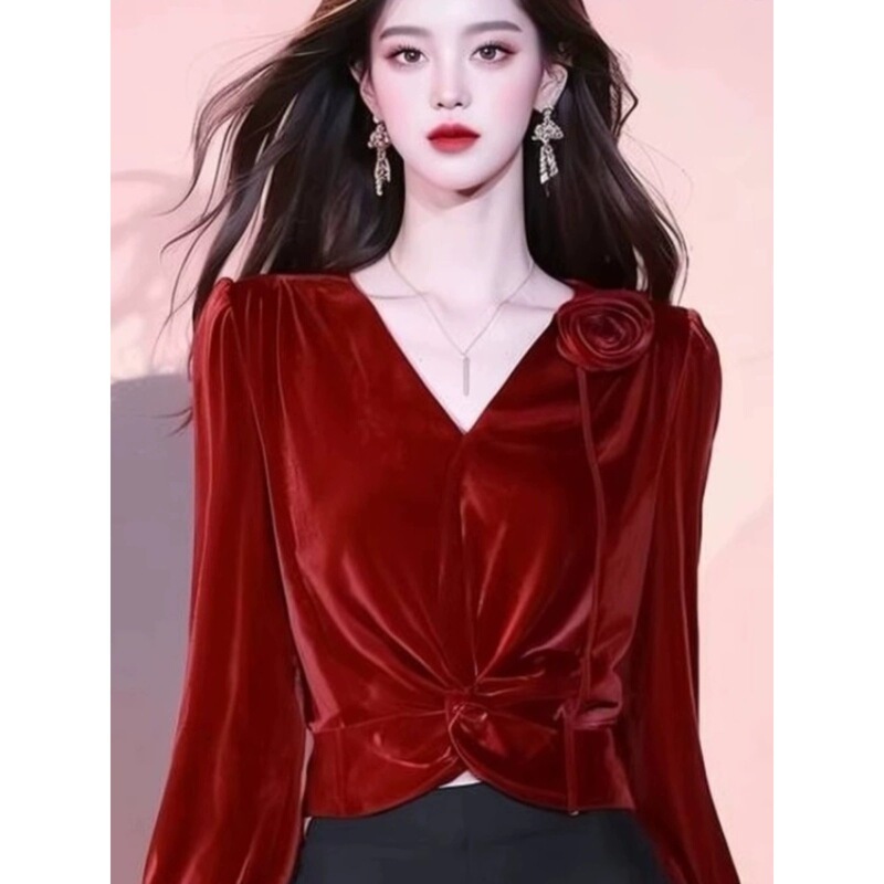 2025新中国風vネックシャツ女性秋冬安可拉紅超美しい上着気質シャツ|undefined