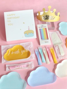 High-grade boxed disposable birthday plate cake tableware food grade knife and fork plate candle combination printed LOGO