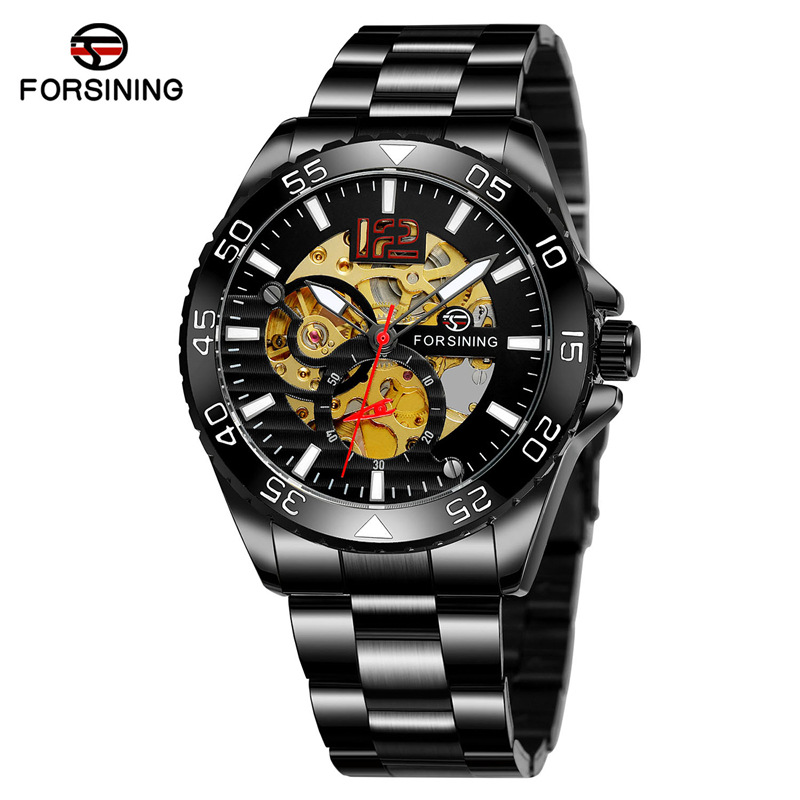 FORSINING8225 movimiento mecánico automático correa de acero puntero luminoso personalidad hueco fresco reloj los hombres