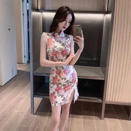 名媛紧身包臀旗袍超美花色复古性感无袖蕾丝日常工作服俩用连衣裙