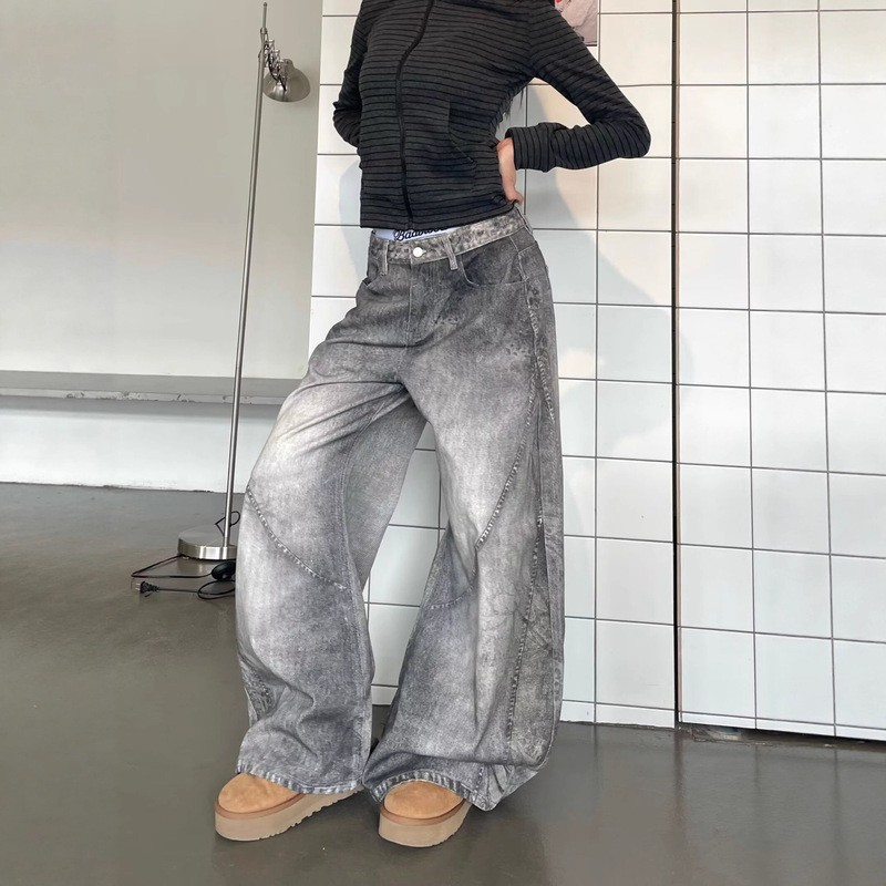 American-Style Deconstructed 3D Design Dirty-Dye Wide-Leg Jeans for Women, Autumn Loose Wide-Leg Sickle Jazz Dance Curved Pants