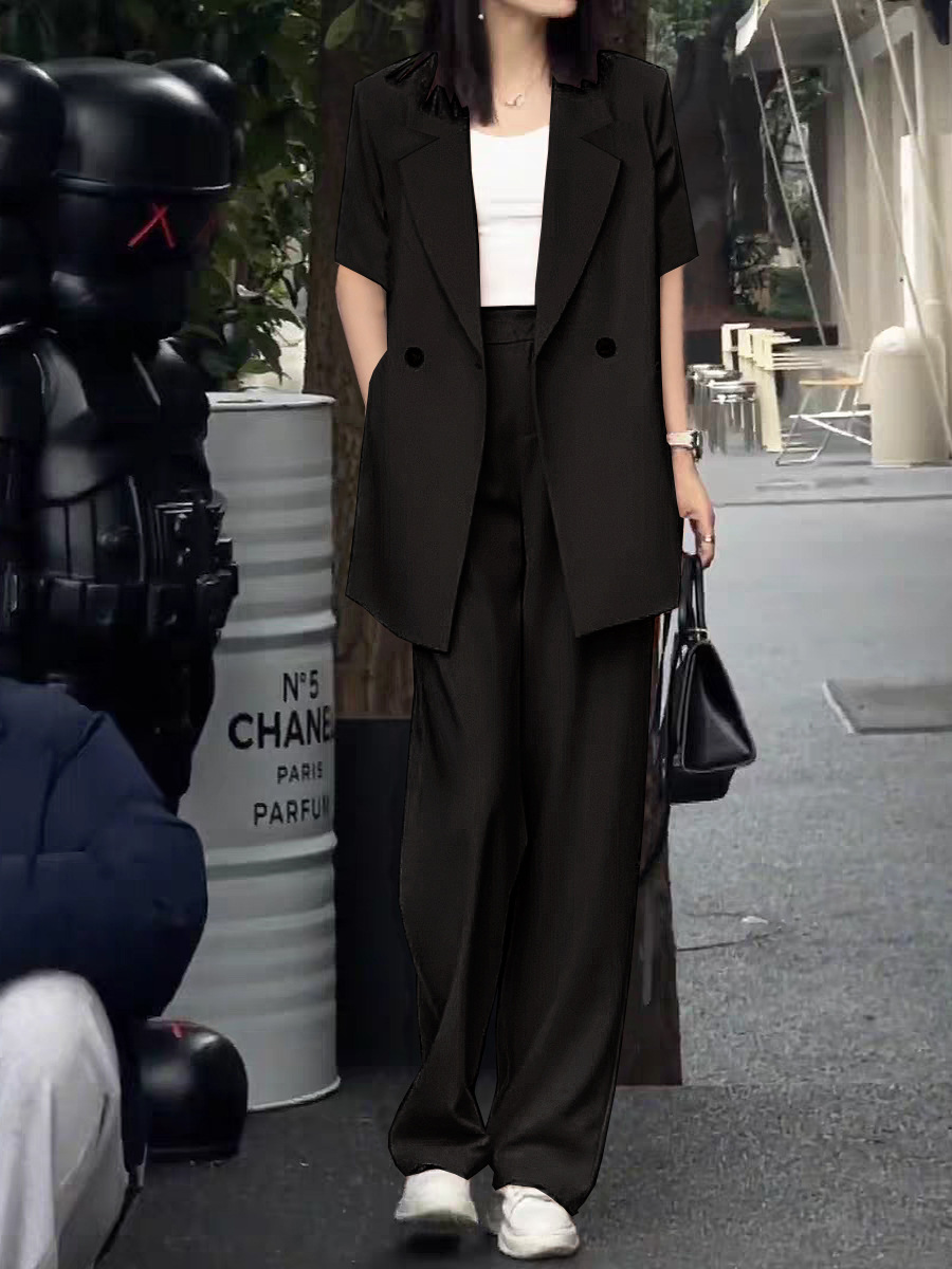 Women's Clothing Summer thin suit wide leg pants suit women's large size women's clothing fat MM 200 pounds loose short sleeved suit jacket_voghion.com