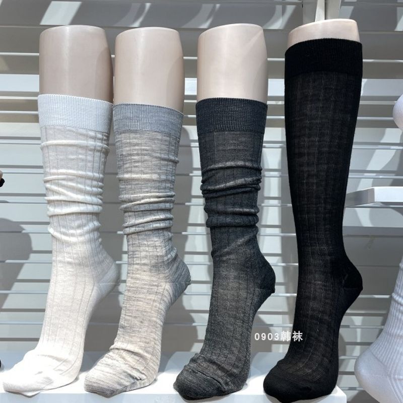 Korean Boss Lady Socks Pure Color Thin Pile Socks Versatile Knee-High Calf Socks Black and Gray Women's Socks Mid-Calf Summer Style