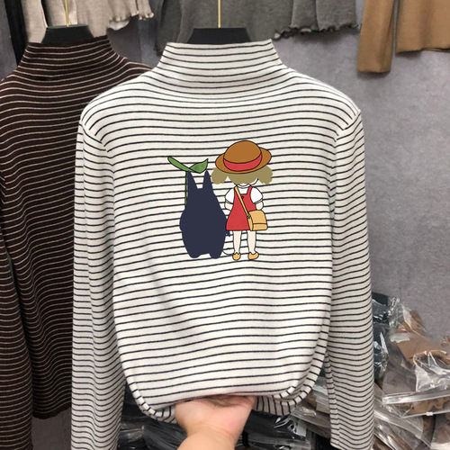 T2524# Boys' High-Neck Base Layer T-Shirt with Fleece-Lined Dermaline Fabric — Autumn/Winter Style, Older Kids' Striped Top for Layering as Innerwear