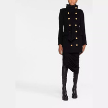 秋冬新款 干练立领双排扣系带修身中长款黑色长袖女大衣外套