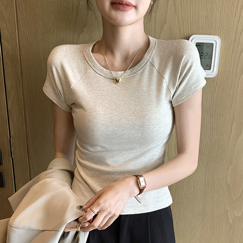 H105肩袖丸襟正肩半袖tシャツ女性夏ギャル紫デザイン感スリム着痩せ上着|undefined