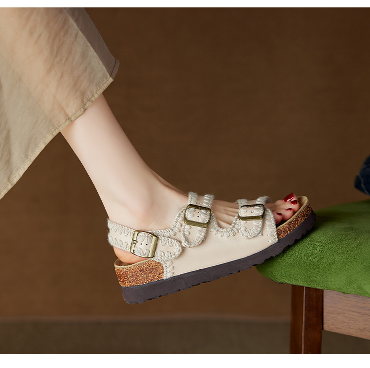 Dép sandal nữ hở mũi da bò đế dày phong cách Birkenstock — tím chi tiết 3