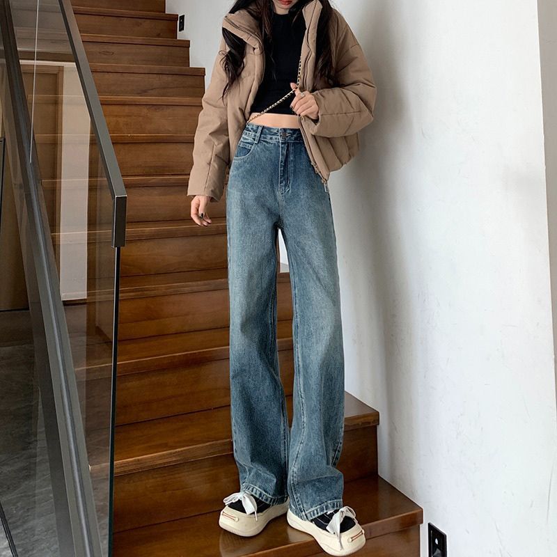 韩版复古蓝高腰阔腿牛仔裤女新款春秋垂感小个子窄版直筒拖地裤子|undefined