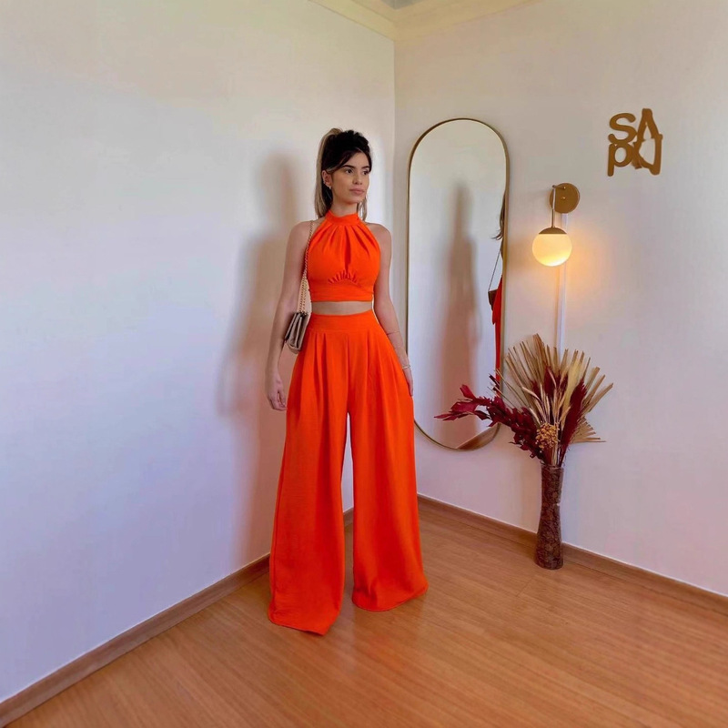 2025 New Fashion European and American Casual Stylish Personality Halter Neck Slim Fit Elegant Bustier Pleated High-Waisted Two-Piece Set 2025 New Fashion European and American Casual Stylish Personality Halter Neck Slim Fit Elegant Bustier Pleated High-Waisted Two-Piece Set