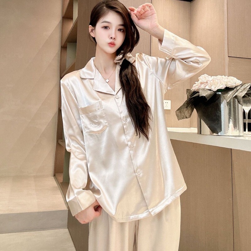 Meow Mi Star Same Style Hot Drilling Ice Silk Pajamas Women's Suit Sweet Thin Long Sleeve Fashionable Loose Home Clothes Japanese Style Meow Mi Star Same Style Hot Drilling Ice Silk Pajamas Women's Suit Sweet Thin Long Sleeve Fashionable Loose Home Clothes Japanese Style
