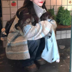 2025甜美软糯风高领设计条纹毛衣外套女冬季新宽松显瘦百搭针织开