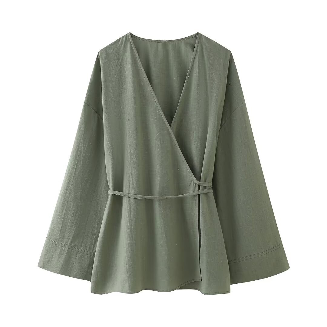 Roupas femininas verão 2024 novo estilo quimono texturizado trespassado conjunto de calças_voghion.com