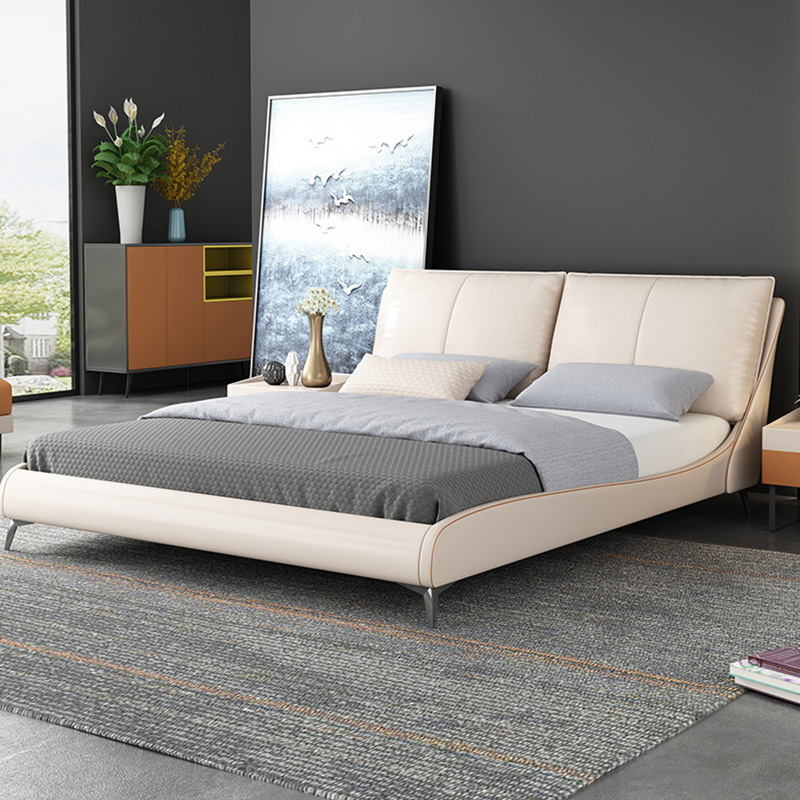 Cama de cuero simple moderna cama de cuero real 1,8 m dormitorio principal cama doble pequeño apartamento cama de boda simple muebles ventas directas de fábrica