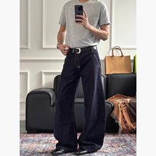 深蓝色阔腿牛仔裤女2025年秋冬新款美式复古高腰宽松拖地直筒裤子