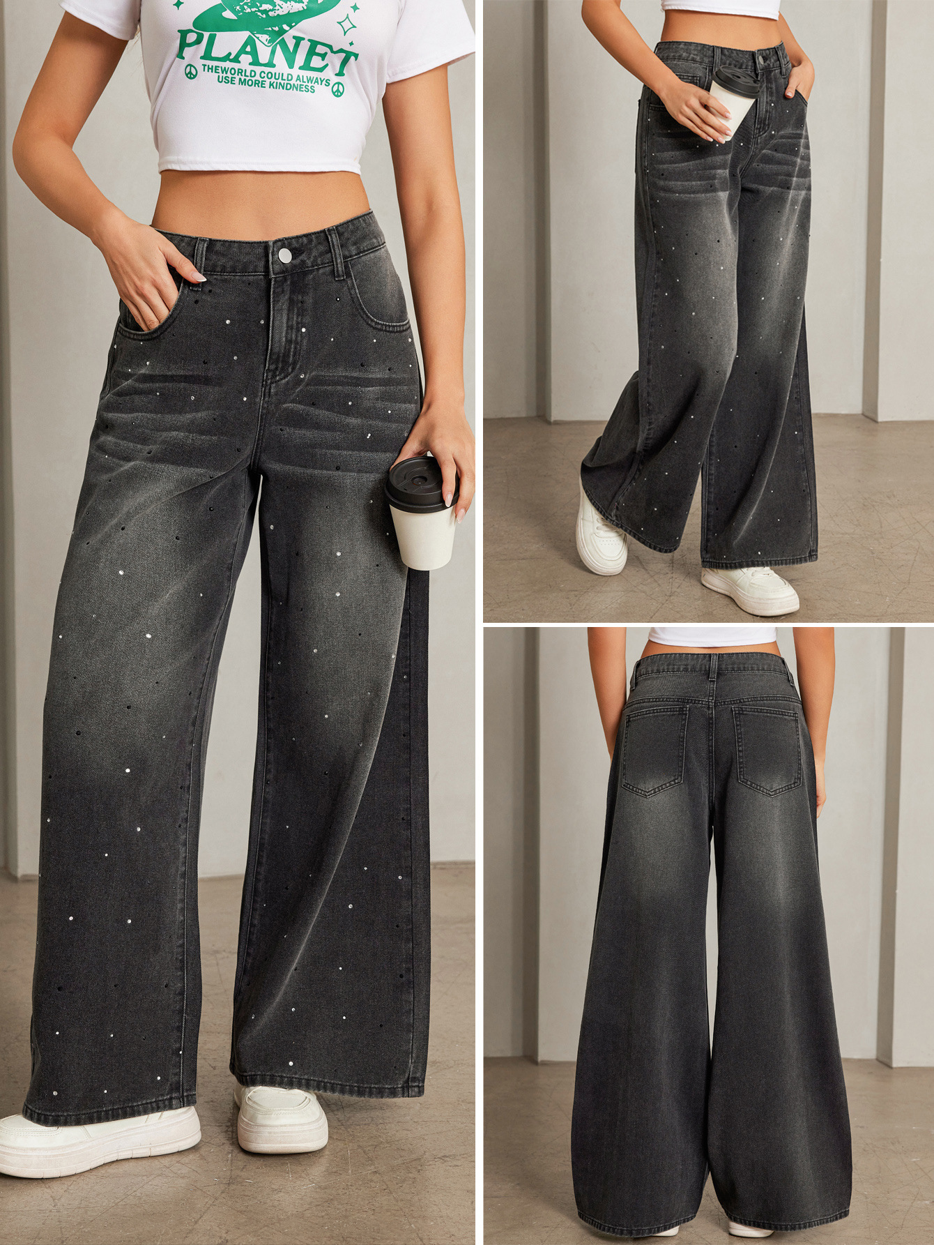 Calças de ganga retas para mulher com strass corte largo_voghion.com