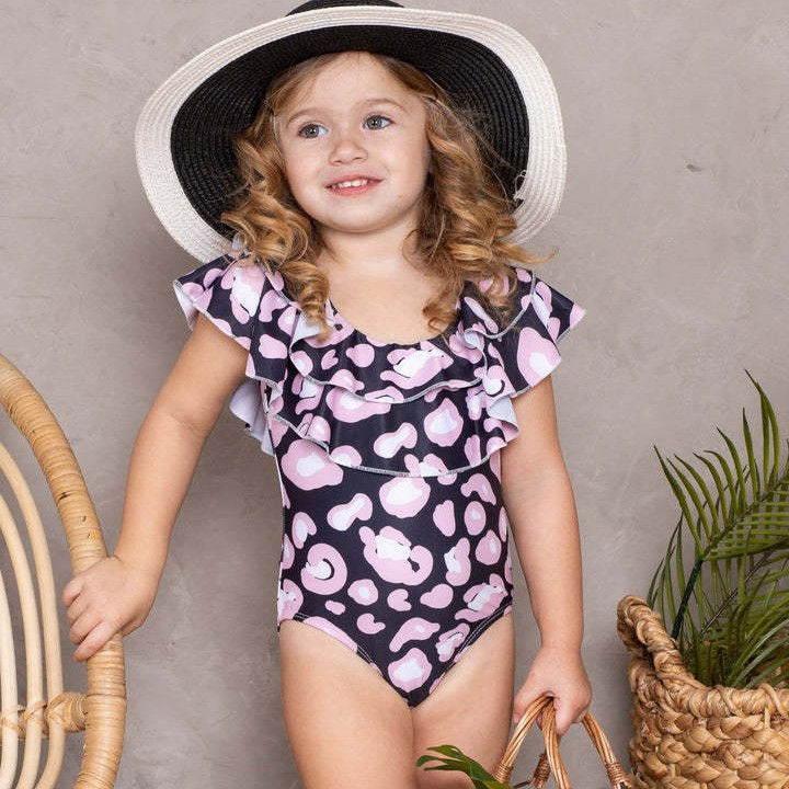 2023 verano nuevo traje de baño de las niñas estilo coreano volantes triángulo traje de baño de una pieza estilo occidental leopardo estampado traje de baño de los niños