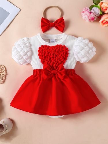 Sweet Love Triangle Onesie, White Bubble Sleeve with Big Bow Hairband Baby Princess Dress Triangle Top