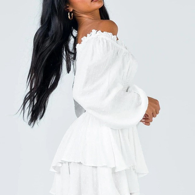 Transfronterizo europeo y americano 2024 Amazon verano Mujer plisada fuera del cuello manga larga casual con volantes francés de una pieza pantskirt