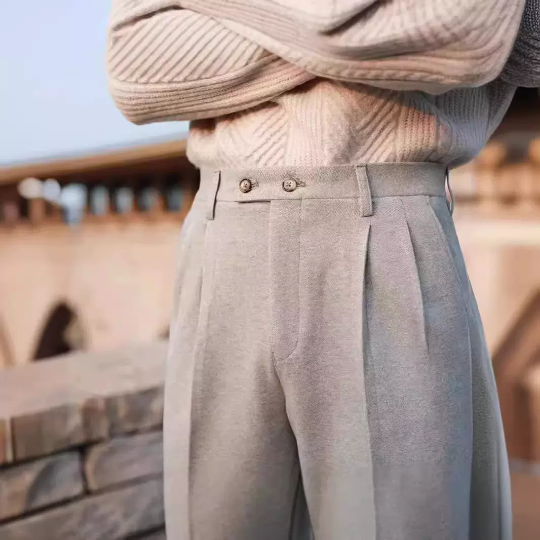 意式那不勒斯商务修身休闲裤垂感高腰十分裤男士毛呢直筒复古西裤