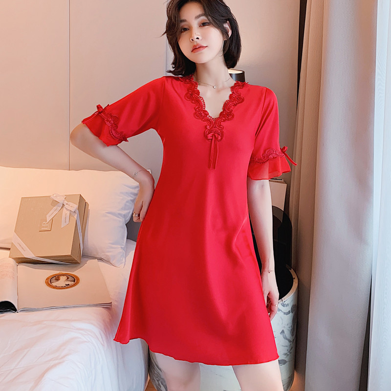 Pijamas cuidadosamente seleccionados para mujer verano fino encaje de seda de hielo de manga corta encaje sexy de gran tamaño camisón de seda servicio a domicilio al por mayor