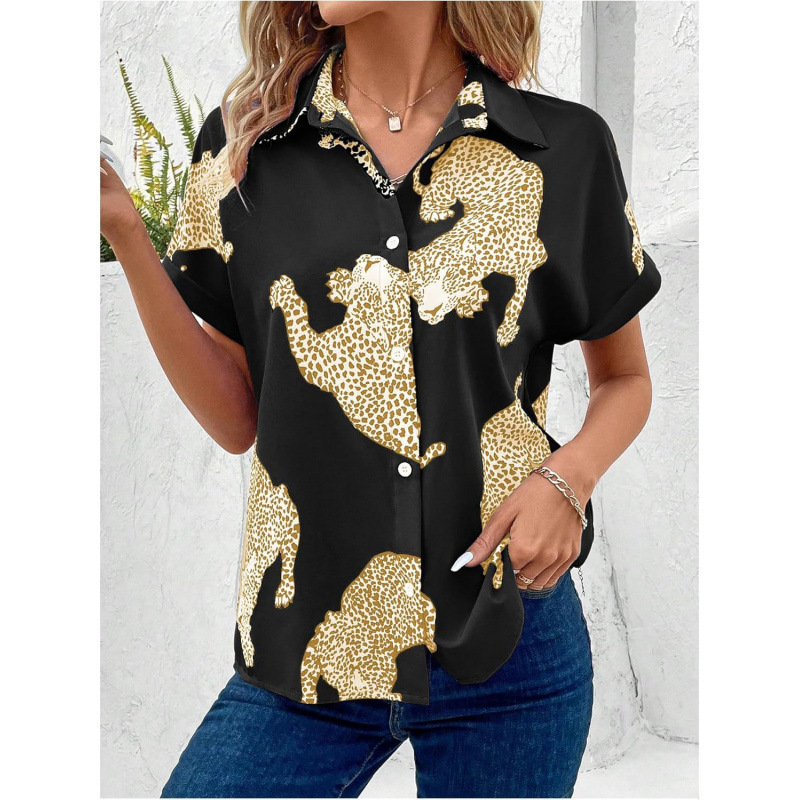 Women's Casual Short-Sleeved Shirt with Leopard Pattern Black and White Business Casual Style Women's Top Short-Sleeved Cardigan Foreign Trade