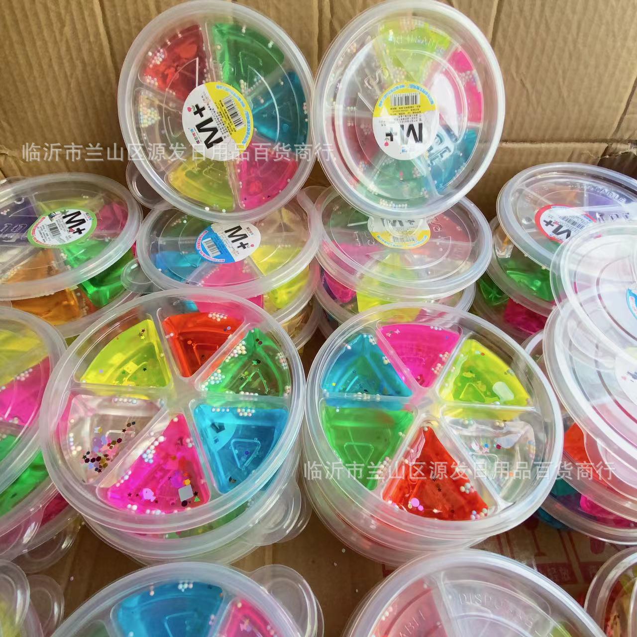 Fábrica al por mayor de seis colores de barro de cristal plastilina arcilla redonda espuma anillo de goma 2 yuanes juguete tienda por mayor 6 rejilla