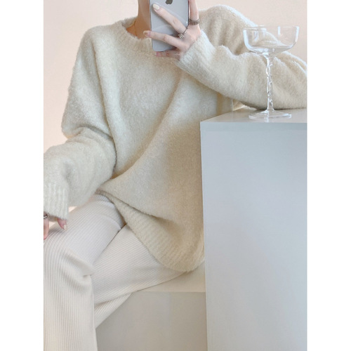 Women's White Cardigan Sweater, Long-Sleeve, Autumn/Winter New Thick and Loose Slouchy Soft Knit Top, Fashion