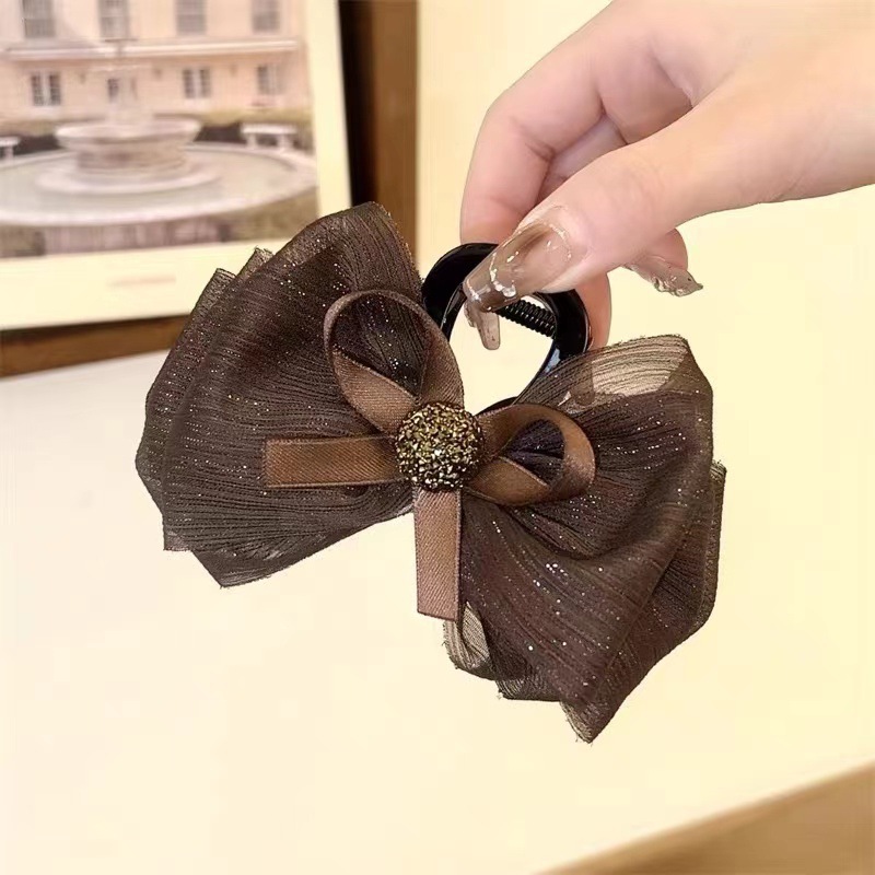 Advanced Satin Satin Big Black Bowknot Clip de tiburón Tocado Diamante cuadrado Horquilla en la parte posterior de la cabeza Clip de agarre Horquilla femenina