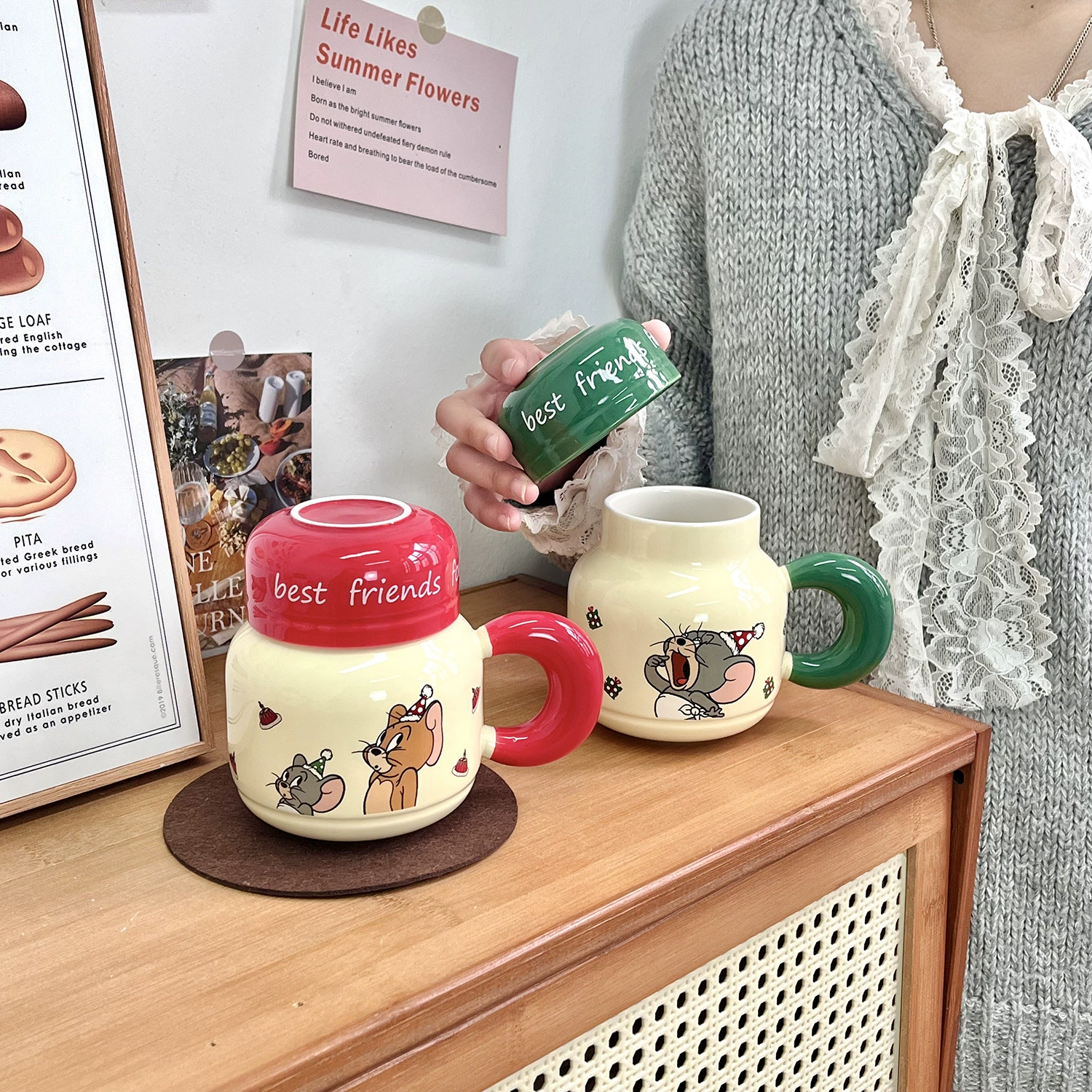 Котик и мышь кружка с крышкой милый молочный фуфу cup водяная чашка для дома и офиса женская кофейная чашка