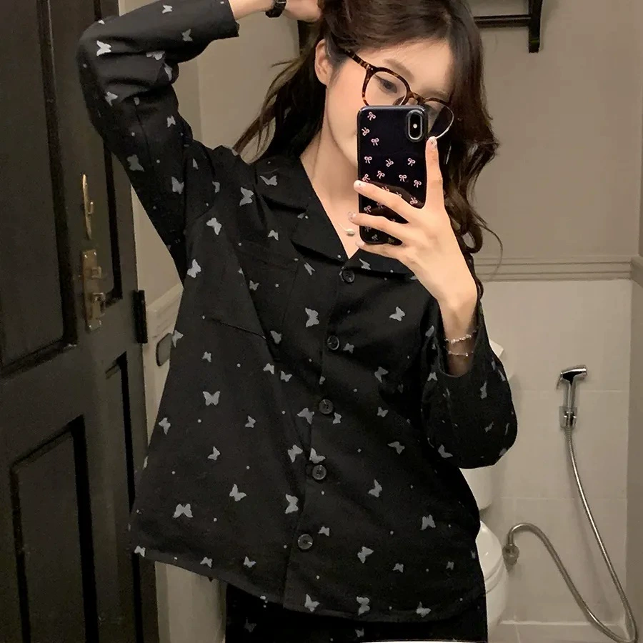 [Tinker Bell] стильная черная пижама-бабочка для женщин, весенне-осенняя новая свободная домашняя одежда с длинными рукавами, костюм из двух предметов