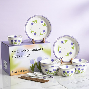 Tulip Ceramic Tableware Set Creative Bowl Chopsticks Set High Color Value Gift Bowl Plate Cup Gift Box Accompanying Gift