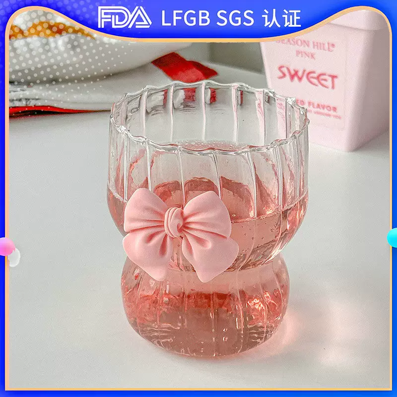 粉色蝴蝶结耐热咖啡杯高硼硅玻璃杯子竖纹胖胖杯子泡茶水杯少女心