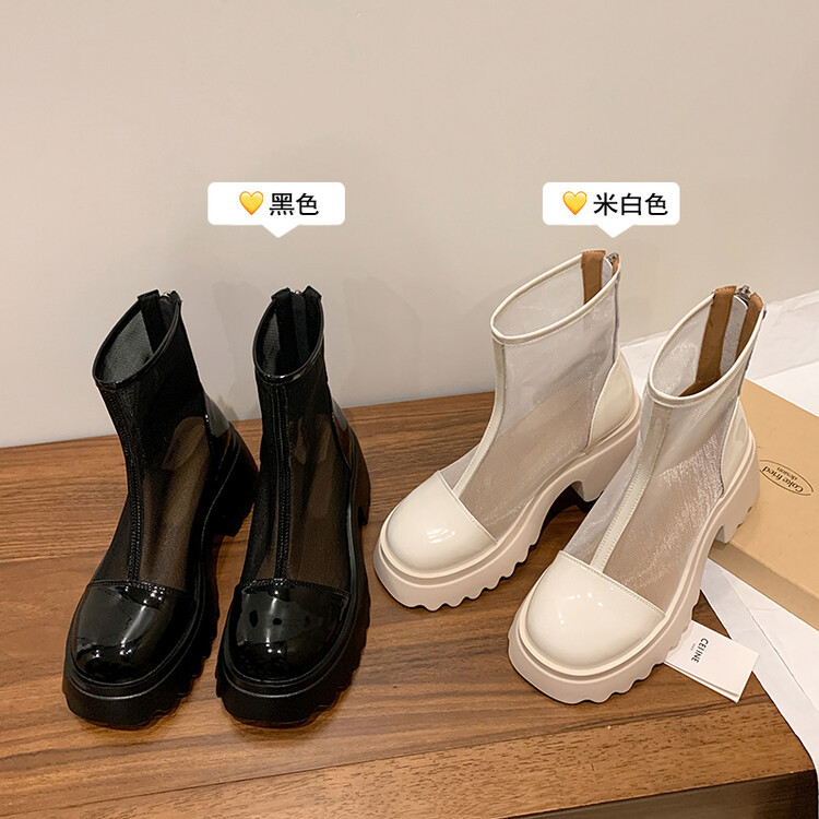 Boot ngắn nữ da thật vải lưới cao gót 6cm mùa hè phong cách Anh thoáng khí — Màu đen, Trắng be chi tiết 117
