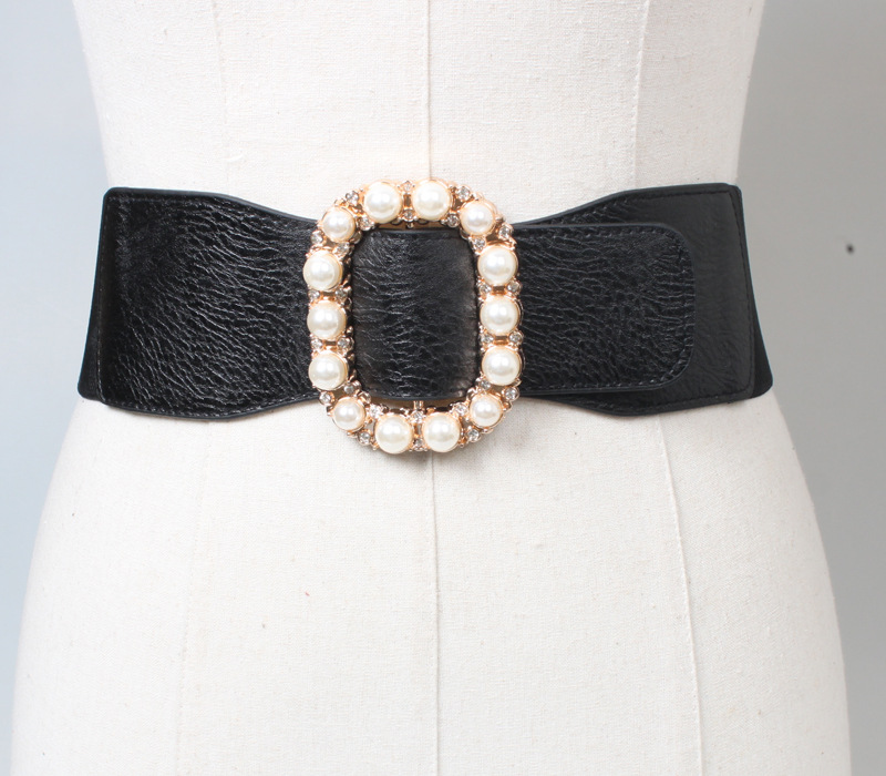 Corset Belt Classification Elastic Black Belt Women's Wide Pearl Rhinestone Inlaid Decorative Girdle Corset