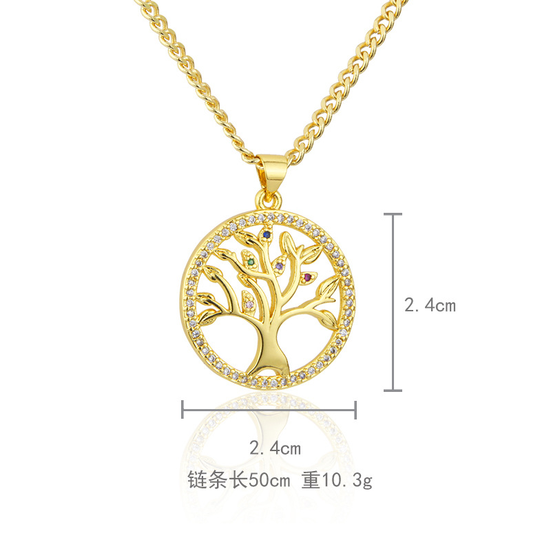 New Gold-plated Copper Zircon Tree Of Life Necklace Hollow Tree-shaped Round Pendant display picture 1