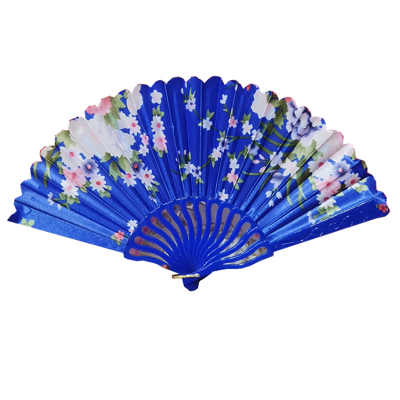 Verano nuevo satén curvado cuchillo hueco de plástico flor varilla paño ventilador decoración fácil de llevar exquisito 8 pulgadas belleza ventilador