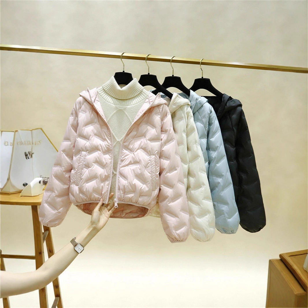 여성용 얇은 다운 자켓, 짧은 기장, 작은 체형을 위한 신상품, 엠보싱 후드, 겨울용, 화이트 덕다운, 보온성, 슬림핏, 방한