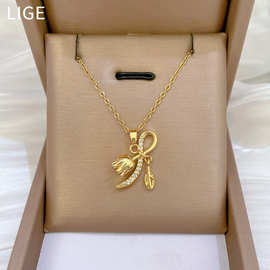 【钛钢】铃铛兰花时尚轻奢气质华丽满钻项链女百搭锁骨链钛钢链条