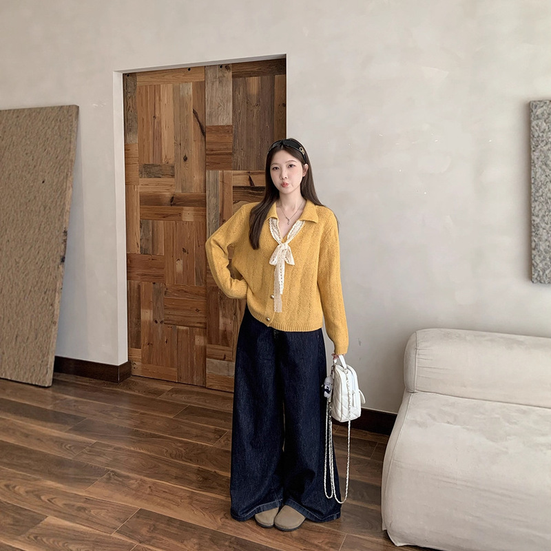 2025秋季新款胖mm大码女温柔风v领蕾丝系带蝴蝶结针织衫上衣|undefined