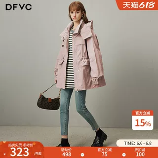 dfvc韩版中长版风衣外套女2026年春季新款连帽收腰显瘦工装上衣