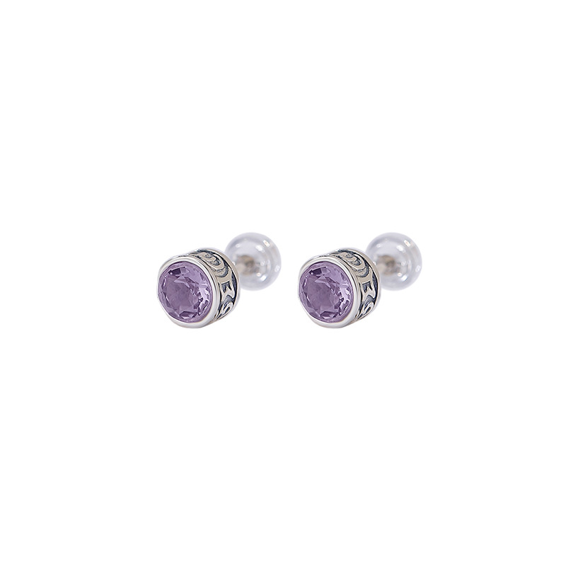 Bông tai bạc S925 đính đá thạch anh tím citrine mặt cắt hình tròn — Kiểu pha lê vàng