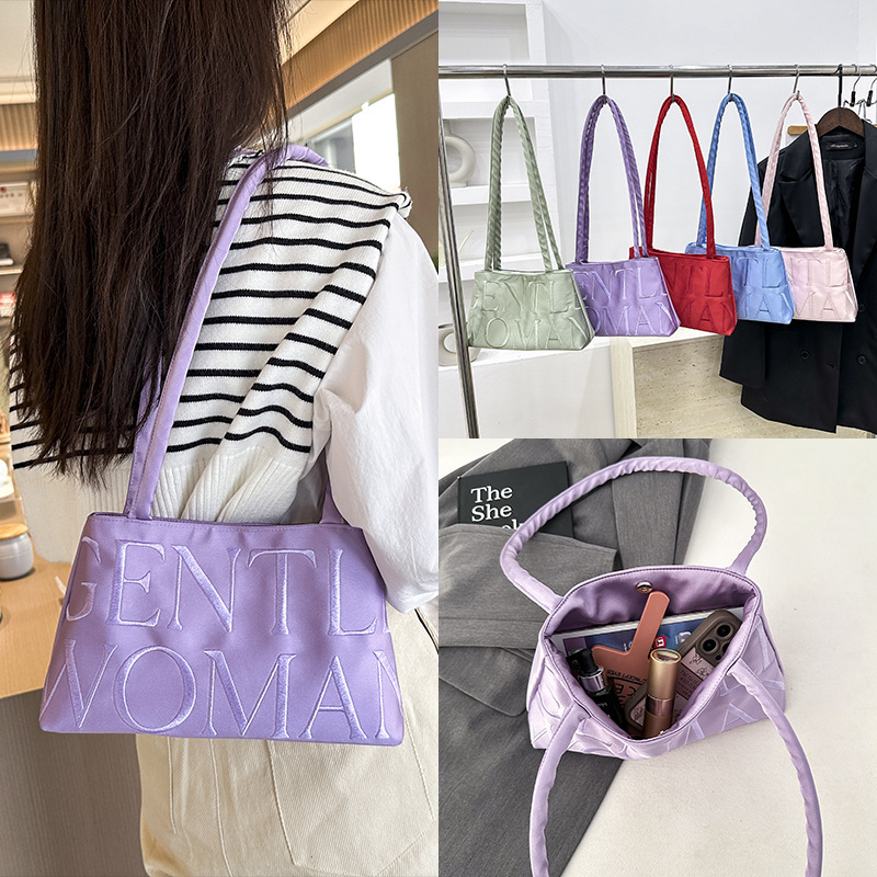 Gentlewoman Niche Design Satin Women's Bag Letter Embroidery Shoulder Bag Fashionable Versatile Satchel Armpit Bag